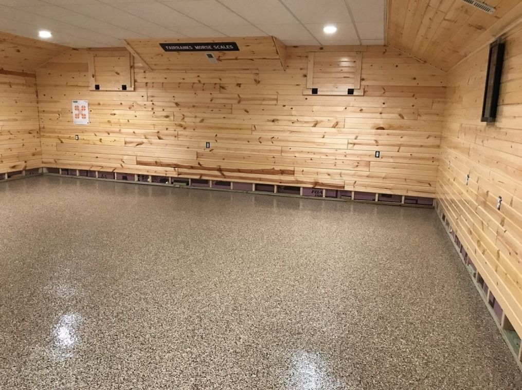 Modern basement with flake flooring. Another look.